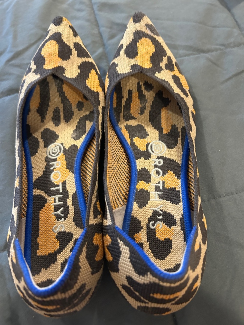 Rothy's Leopard Print Pointed Flats in Tan, Black & Blue Trim